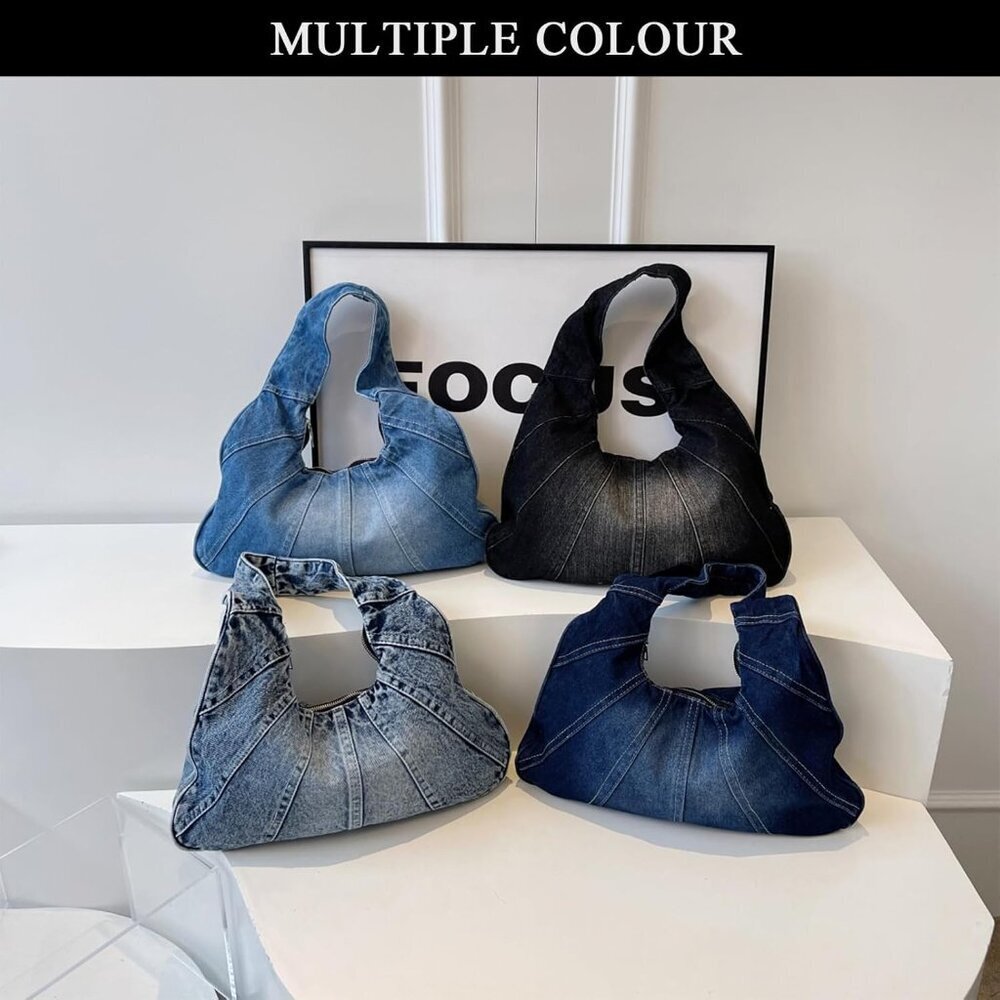 Denim Hobo Tote Bag Women Zipper Closure Multi-Purpose Casual Fashion - Picture 6 of 7